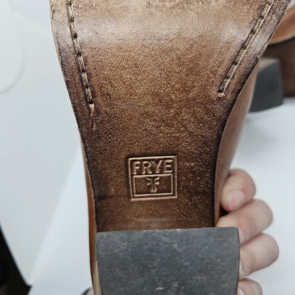 Frye cognac Izzy Zip moto sandal heeled mule peeptoe size 9B - Picture 11 of 13